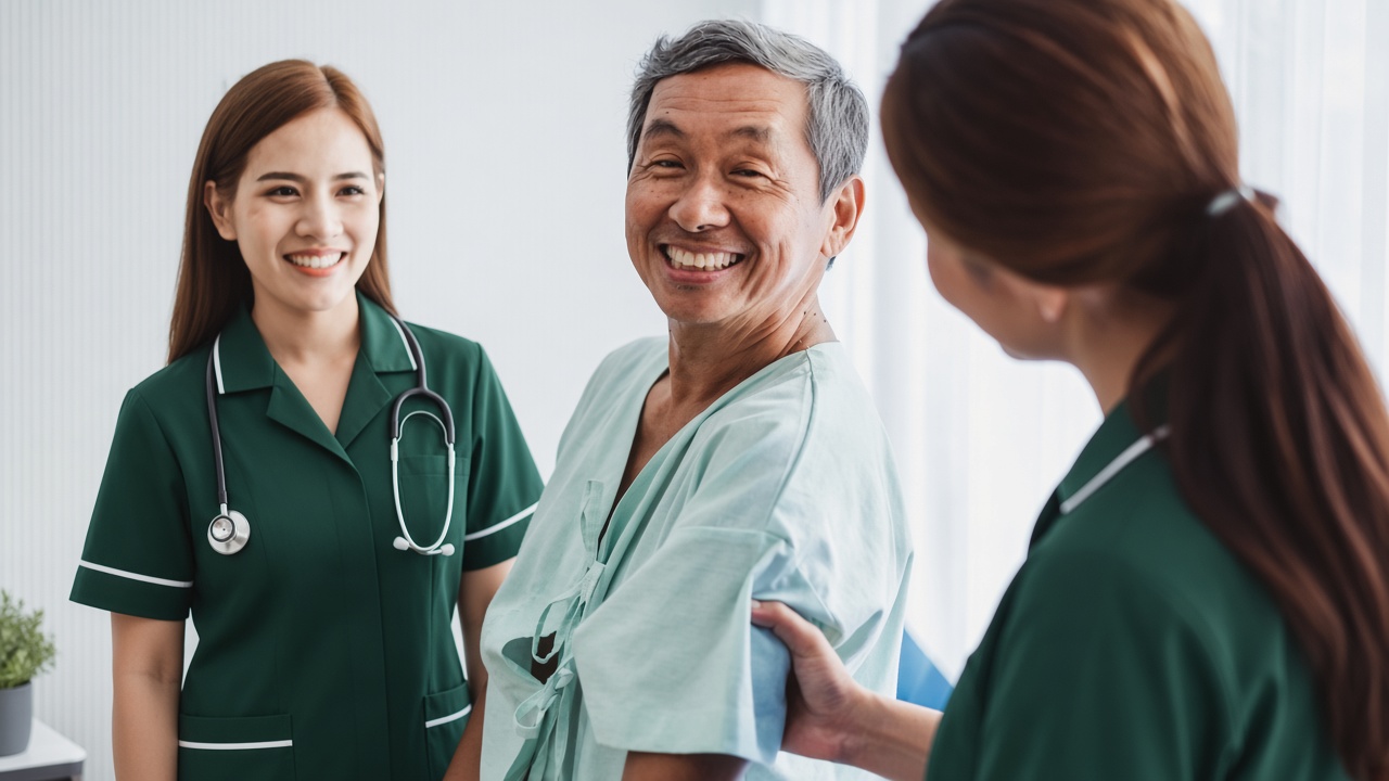 A smiling client with supportive Flexecare clinical staff